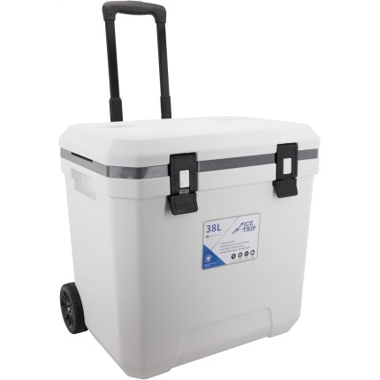 Cooler Com Rodinhas 38 Litros Tucca Tuccanus Branco Caixa Térmica Grande Portátil Alça Retrátil Para Praia Camping Churrasco Resistente Travas De Borracha Design Moderno