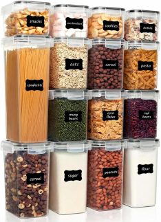 Decolab Kit Potes Herméticos Plástico Com Vedação BPA Free - Organizador de Cozinha Geladeira Porta Mantimentos (15, preto, Retangular)