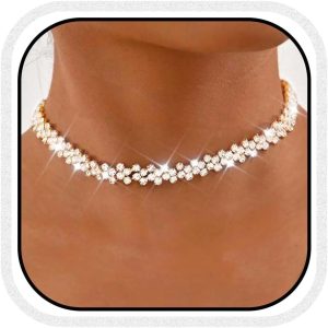 Fashey Gargantilha com strass, colar de cristal brilhante, colares delicados, joias femininas