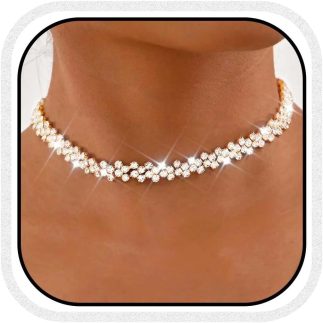Fashey Gargantilha com strass, colar de cristal brilhante, colares delicados, joias femininas