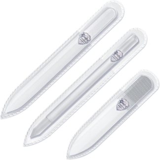 GLADZY Conjunto de lixa de unha de vidro tcheco com brilho de unha de vidro e empurrador de cutícula – Kit de manicure de 3 peças com capa, Nano Buffer multifuncional, bastão de manicure, lixa de