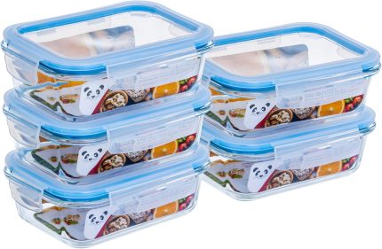 Gato Panda KIT 5 Potes de Vidro Retangular com Tampa Hermética 640ml Branco ou Azul
