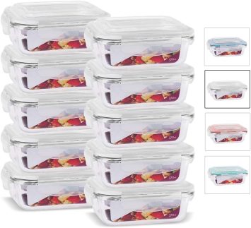House Organizer Kit 10 Potes de Vidro Retangular com Tampa Hermética 370ml