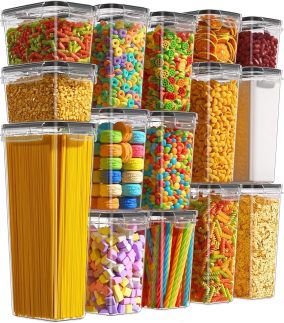 House Organizer Kit com 15 Porta Mantimentos – Potes Herméticos para Alimentos com Tampa, Organizadores de Cozinha e Despensa em Plástico para Cereais, Alimentos Secos, Farinha e Açúcar. Bpa Free.