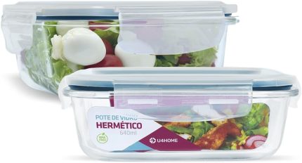House Organizre KIT 2 Potes de Vidro Retangular com Tampa Hermética 640ml