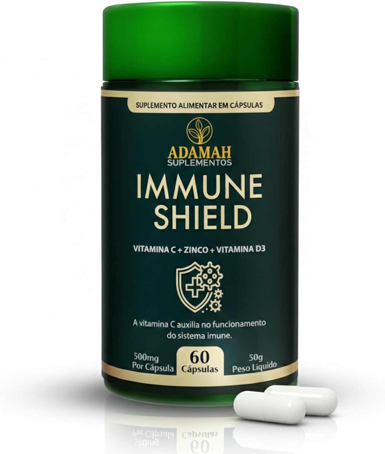 Immune-Shield-Suplemento-para-Imunidade-e-Defesa-Vitamina-C.jpg Immune Shield Suplemento para Imunidade e Defesa - Vitamina C + D3 2000UI + Zinco Bisglicinato + Própolis e Geleia Real - Complexo Vitamínico em Cápsulas de Colágeno - Adamah, 60 Cápsulas