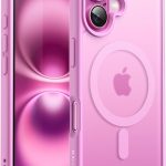 JETech Capa Magnética para iPhone 16 6,1 Polegadas Compatível com MagSafe, Case de Telefone Fina e à Prova de Choque com Capinha Parte Traseira Fosca Translúcida (Rosa)