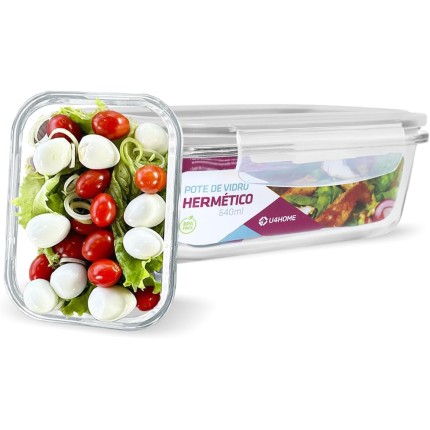 KIT 2 Potes de Vidro Retangular com Tampa Hermética 640ml Cor:Branco (QH)