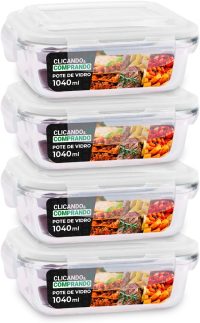 KIT 4 Potes de Vidro Retangular com Tampa Hermética 1040ml Cor: Transparente