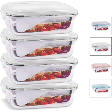 KIT 4 Potes de Vidro Retangular com Tampa Hermética 1520ml Cor:Branco (QH)