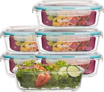 KIT 5 Potes de Vidro Retangular com Tampa Hermética 1040ml (Azul)