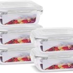 KIT 5 Potes de Vidro Retangular com Tampa Hermética 370ml Cor:Branco (QH)