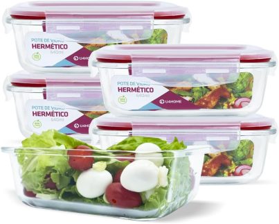 KIT 5 Potes de Vidro Retangular com Tampa Hermética 640ml (Vermelho)