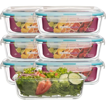 KIT 6 Potes de Vidro Retangular com Tampa Hermética 1520ml (Azul)