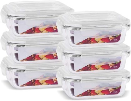 KIT 6 Potes de Vidro Retangular com Tampa Hermética 370ml Cor:Branco (QH)