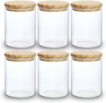 Kit 06 Potes de Mantimentos Herméticos 300ml Pote Redondo de Vidro Tampa De Bambu Premium