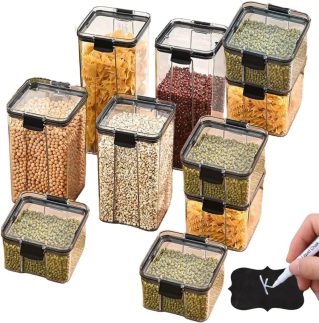 Kit 10 Potes Herméticos C/Trava de Segurança Vedação de Borracha Porta Mantimentos Empilháveis + Etiquetas Lousa para Identificação