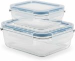 Kit 2 Potes Herméticos Retangulares de Vidro com Vedação Aqua, 640ml e 1040ml, Compatível com Micro-ondas e Freezer