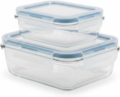 Kit 2 Potes Herméticos Retangulares de Vidro com Vedação Aqua, 640ml e 1040ml, Compatível com Micro-ondas e Freezer