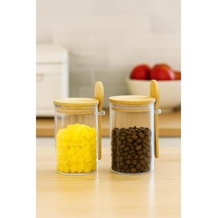 Kit 2 Potes de Vidro 550ml com Tampa de Bambu Hermética e Colher de Bambu – Armazenamento de Mantimentos, Café, Açúcar, Temperos e Cereais