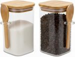 Kit 2 Potes de Vidro Hermético 700ml com Tampa de Bambu e Colher, Transparente, Quadrado, Vedação Hermética, para Armazenamento de Alimentos