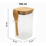 Kit 2 Potes de Vidro Hermético 700ml com Tampa de Bambu e Colher, Transparente, Quadrado, Vedação Hermética, para Armazenamento de Alimentos - Imagem 2