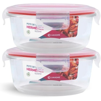 Kit 2 Potes de Vidro Redondo com Tampa Hermética 620ml (Vermelho)