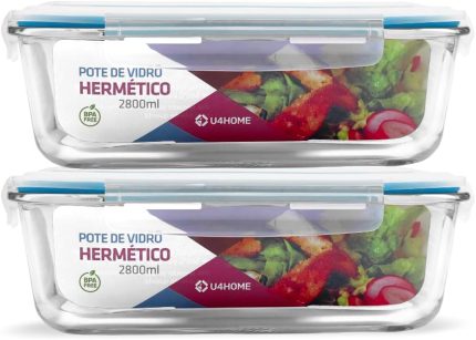 Kit 2 Potes de Vidro Retangular com Tampa Hermética 2800ml (Azul)