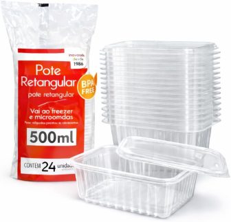 Kit 24 Potes Retangulares 500ml com Tampa. Plástico Livre de BPA, Compatível com Freezer e Micro-ondas, Marmita, Fitness e Armazenamento.