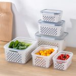 Kit 3 Potes Organizadores de Geladeira Hermético com Trava nas Tampas Borracha Isolante e Cesto de Escorrer Removível - Organizador de Frutas Legumes Saladas - Qualidade Premium