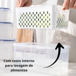 Kit 3 Potes Organizadores de Geladeira Hermético com Trava nas Tampas Borracha Isolante e Cesto de Escorrer Removível - Organizador de Frutas Legumes Saladas - Qualidade Premium - Imagem 2