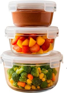 Kit 3 Potes de Vidro com Tampa Herméticos, 400ml, 650ml, 1000ml, Transparente, Resistente a Temperatura, para Freezer, Forno e Micro-ondas, Marmita - Cozinha e Organização