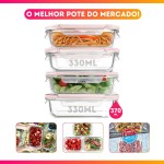 Kit 4 Potes de Vidro Retangular com Tampa Hermética 330ml (Transparente) - Imagem 2