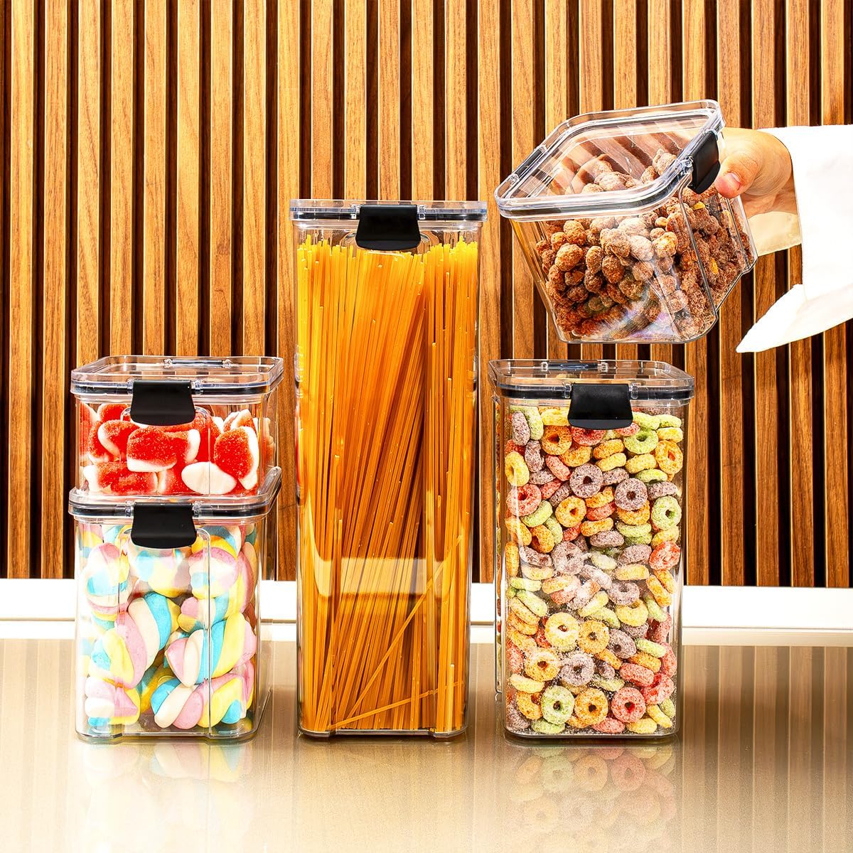 Kit-5-Potes-Hermeticos-Organizadores-de-Alimentos-Empilhaveis-Pote.jpg Kit 5 Potes Herméticos Organizadores de Alimentos Empilháveis - Pote Hermético BPA Free para Armário, Utensílios para Cozinha e Porta Mantimentos Lemann