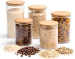 Kit 5 Potes Herméticos para Mantimentos – Vidro Transparente com Tampa de Bambu, Pote de Vidro Hermético para Cozinha, Organização de Despensa, Arroz, Café, Grãos, Farinha, Açúcar, Massas e Cereais