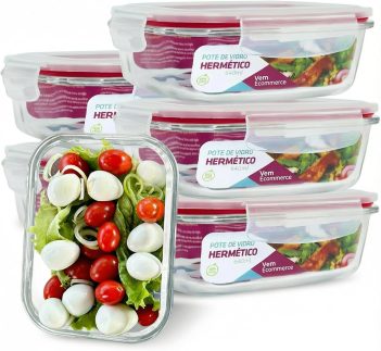 Kit 6 Potes de Vidro Retangular com Tampa Hermética 640ml