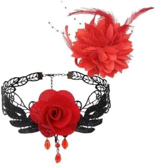 Kit Colar Choker Gargantilha Renda Gótica + Flor Cabelo ou Broche: Steampunk Festa Fantasia Vintage Halloween
