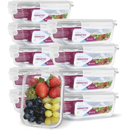 Kit Conjunto 10 Potes Vidro Hermético Marmita Tampa 370ml (Branco)