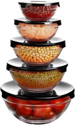 Kit Conjunto de 5 Potes de Vidro Redondo, Tampa Plástica- Conjunto de Tigelas Redondas