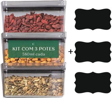 Kit Pote Hermético Lumini, 3 Peças Paramount c/ 3 etiquetas lousa preta
