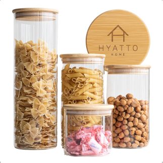 Kit Potes Herméticos de vidro 4 Unidades com Tampas de Bambu, Tamanhos Variados | Conjunto de Porta Mantimentos, Organização de Cozinha | Potes de Vidro com Tampa Hermética Bambu | Hyatto Home