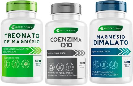 Kit Saude Magnesio dimalato + Treonato + Coenzima Q10 500mg 100% Puro 360 Cáp Ecomev