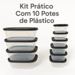 Kit com 10 Potes Plásticos para Alimentos - Transparentes com Tampa Preta - Zero BPA, Capacidades de 220ml a 750ml - Próprio para Freezer, Micro-ondas e Lava-louças - Imagem 2