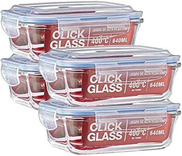 Kit com 4 potes de vidro click glass premium 100% herméticos