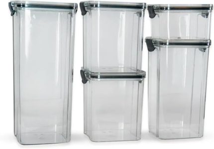 Kit de Potes Herméticos para Alimentos 5 Unidades Tampa Flip Preta Organização de Cozinha e Despensa