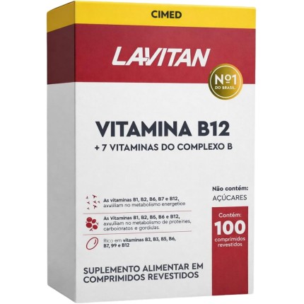 Lavitan Vitamina B12 Suplemento Complexo B Completo Vitaminas B1 B2 B3 B5 B6 B7 B9 Adulto 100 Comprimidos Revestidos Suplemento Alimentar Vitamina Cianocobalamina