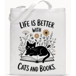 Life Is Better with Cats and Books Sacola de lona para mulheres amantes de livros amantes de gatos, linda bolsa de ombro floral estética reutilizável para compras de mercearia bolsas elegantes