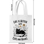 Life Is Better with Cats and Books Sacola de lona para mulheres amantes de livros amantes de gatos, linda bolsa de ombro floral estética reutilizável para compras de mercearia bolsas elegantes - Imagem 2