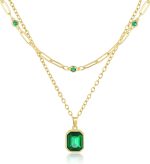 Lourny Colar de cristal em camadas de ouro para mulheres, gargantilha banhada a ouro 18 K, verde esmeralda, corrente delicada, joia moderna para presentes femininos