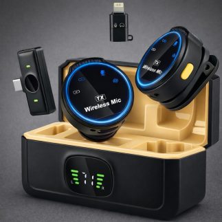 Microfone Lapela Profissional Cancelamento Premium de Ruído Wireless Duplo 48kHz Display Digital Case Carregamento USB C Lightning Streaming